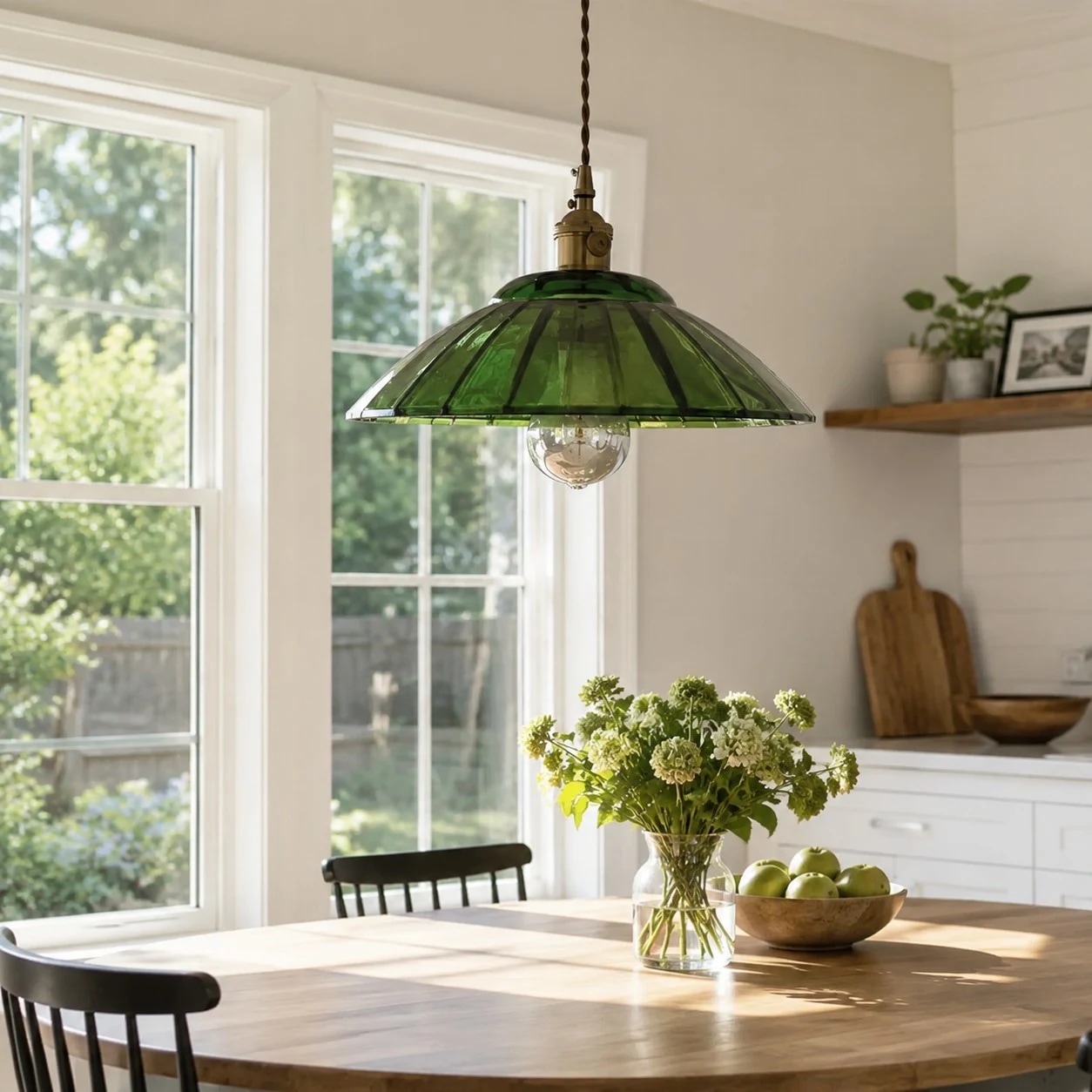 Green glass pendant fixture in a window-side dining room