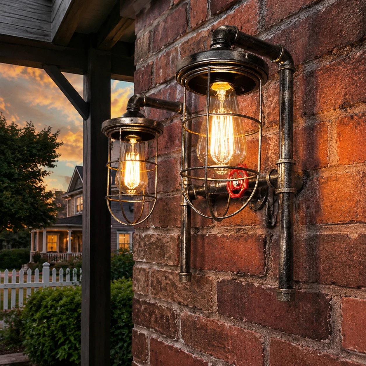 Industrial Pipe Wall Sconce with Vintage Cage Shade styled setting