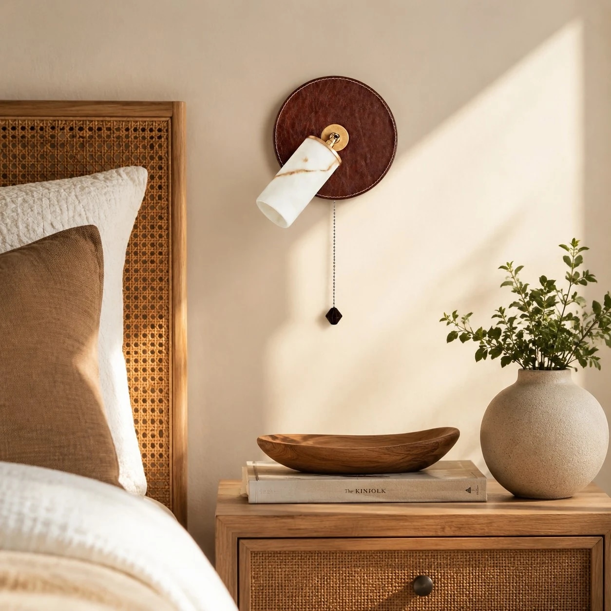 Leather wall sconce installed beside a bed
