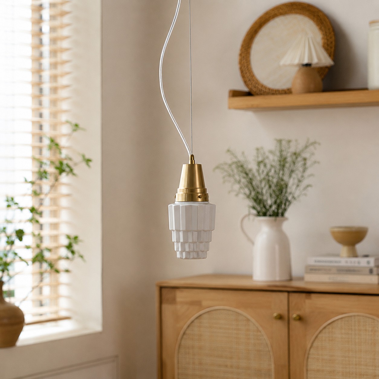 Milk glass pendant light in a dining room setting