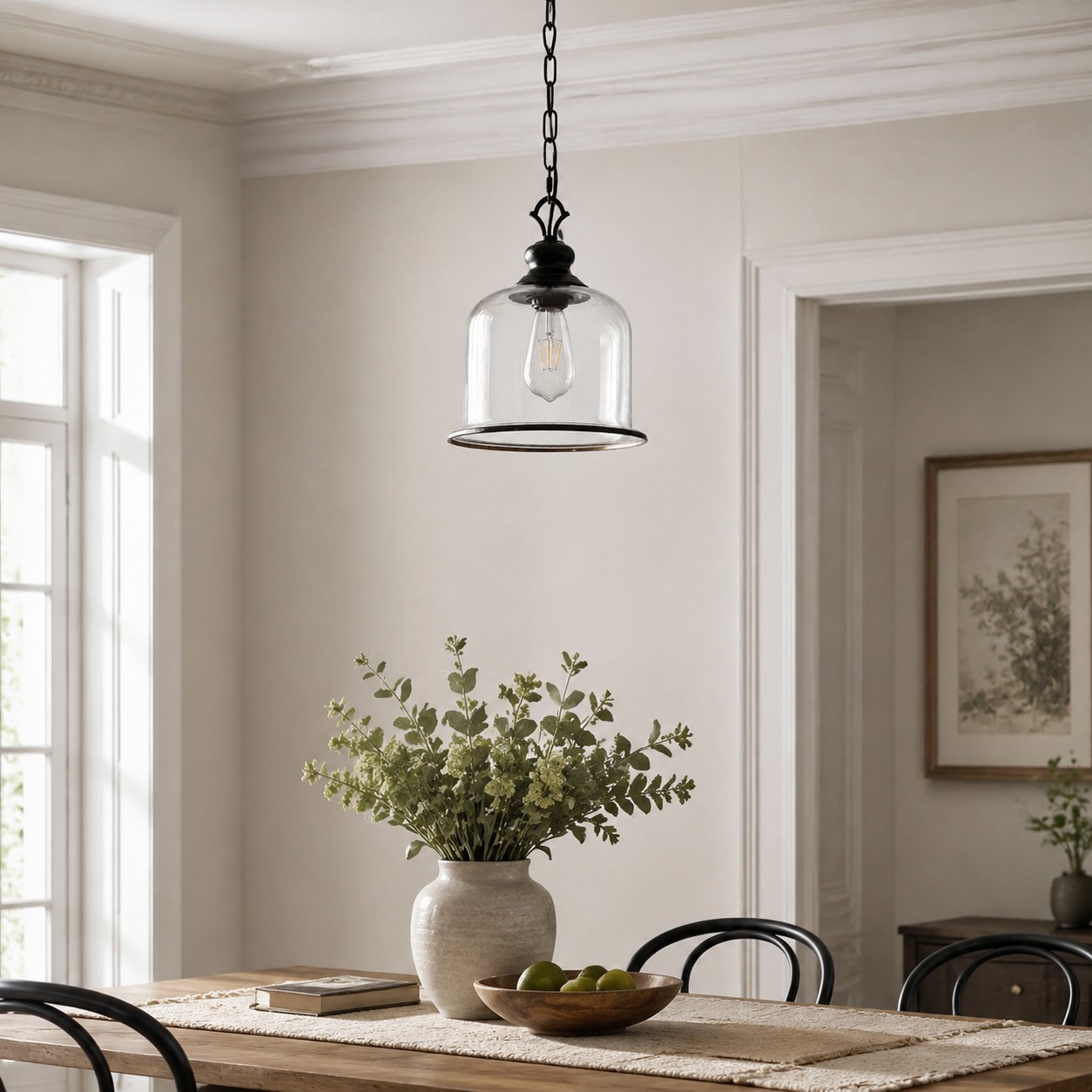 Vintage-Glaspendelleuchte im Esszimmer