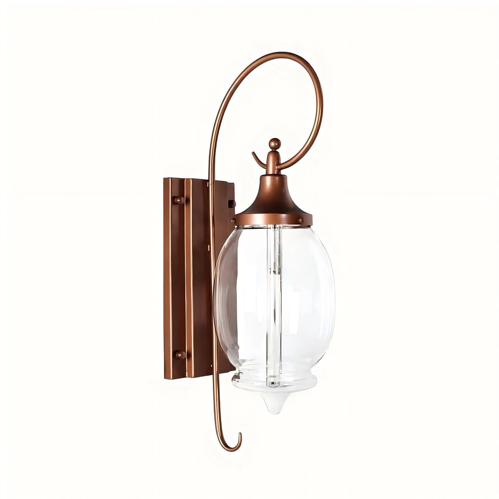 Full fixture view of the glass and iron wall lamp