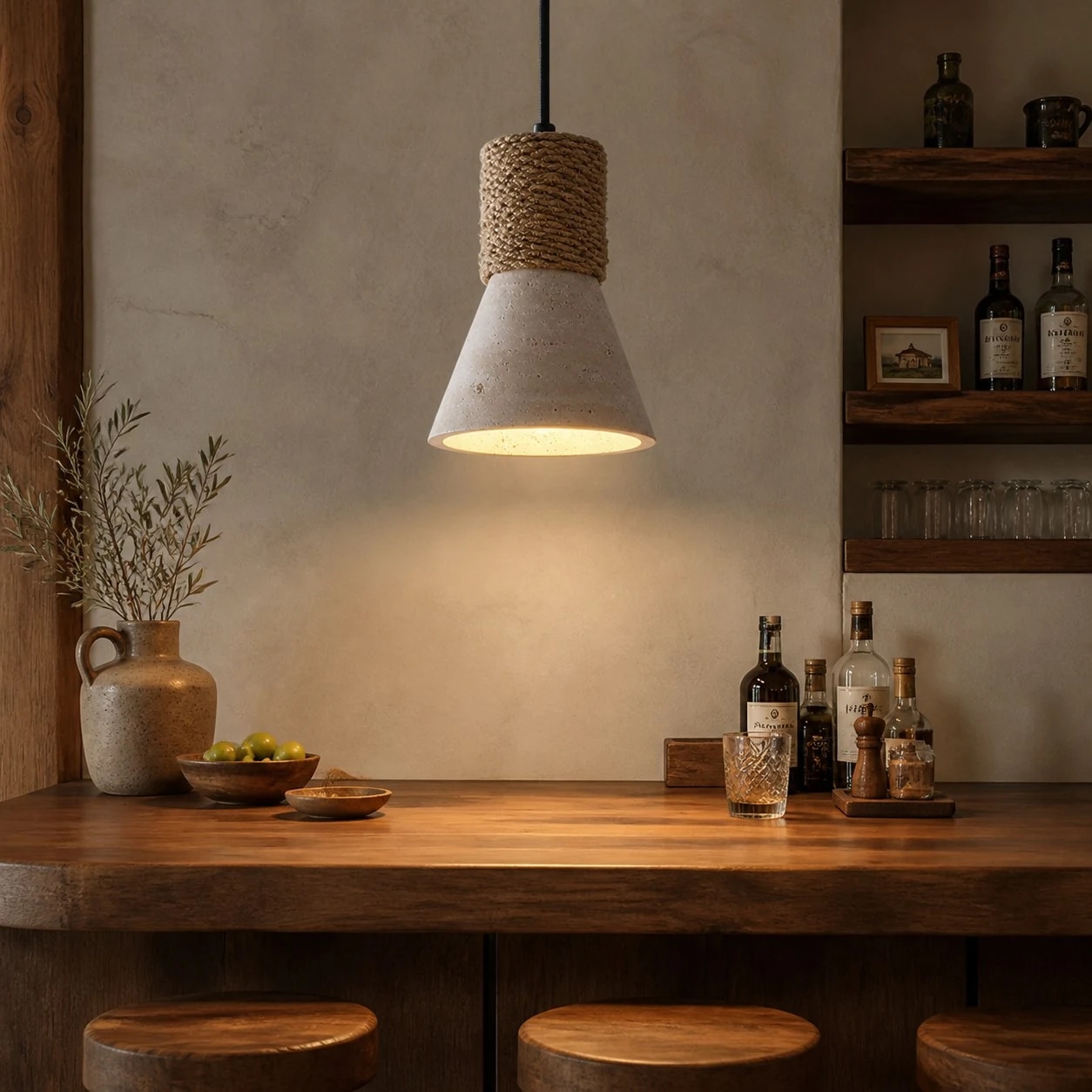 Single pendant above a warm bar counter