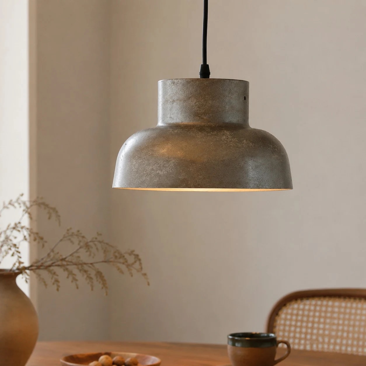 Aged metal pendant light above a dining table scene