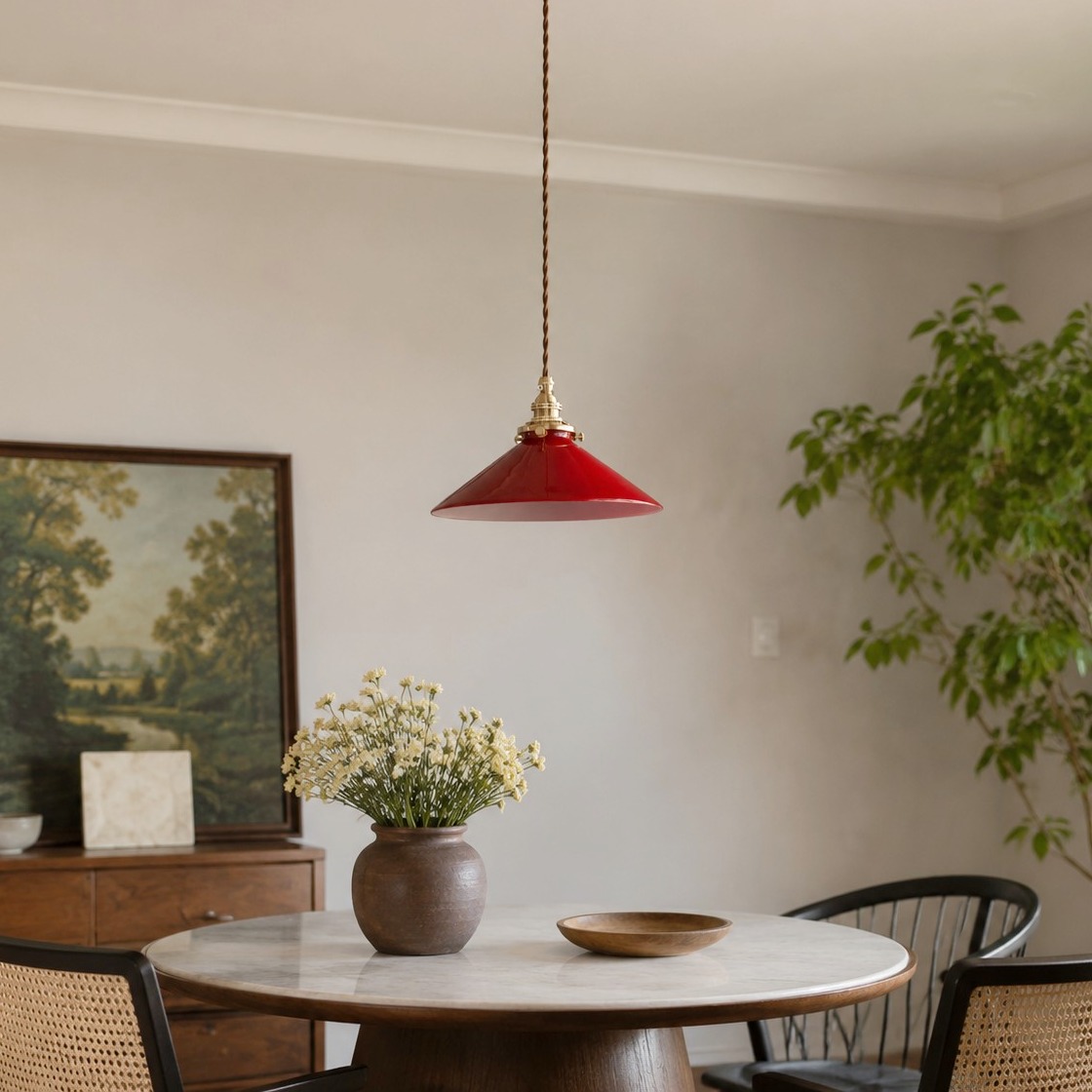 Green glass pendant lamp in a dining room setting