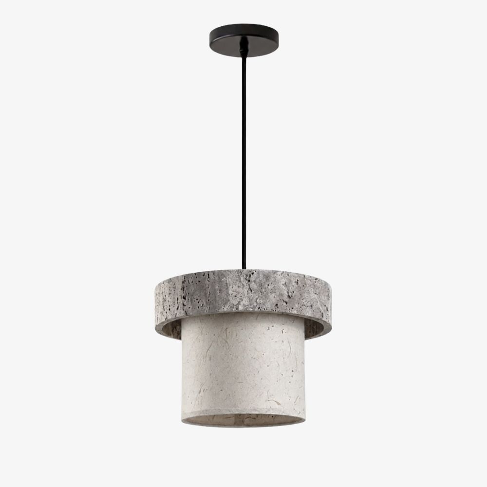 Gray travertine stone pendant light with black canopy and cord