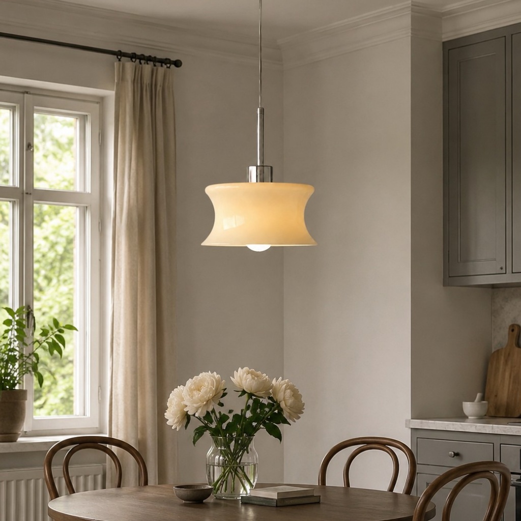 Glass pendant lamp shown above a dining area