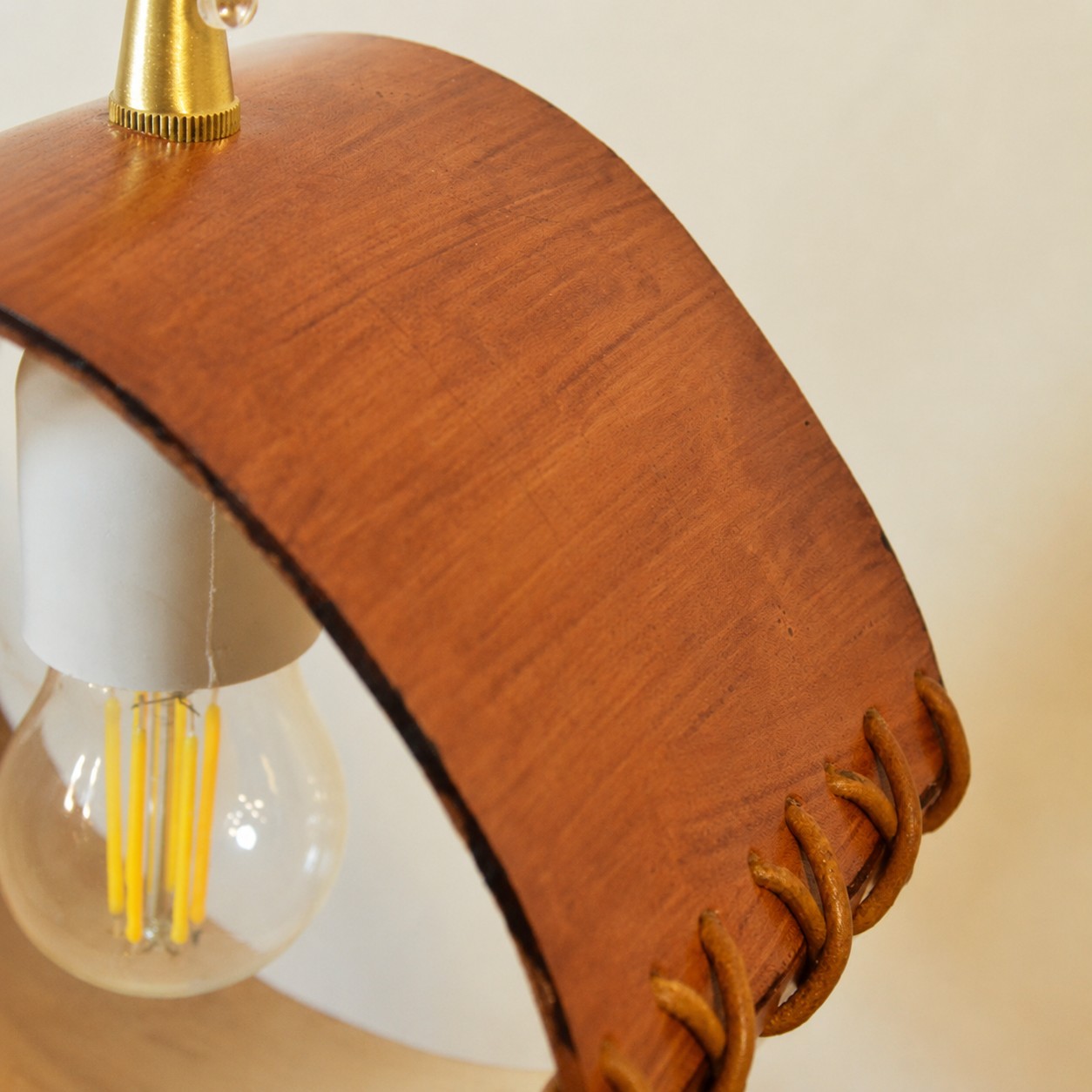 Brown leather shade and brass hanging hardware detail