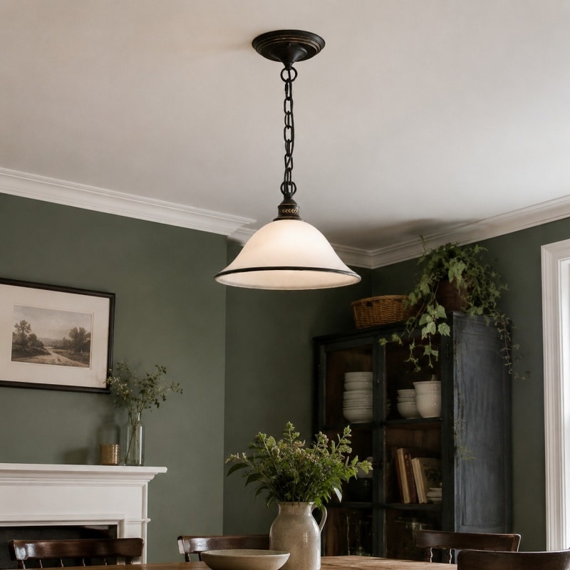 White pendant light installed above a dining table