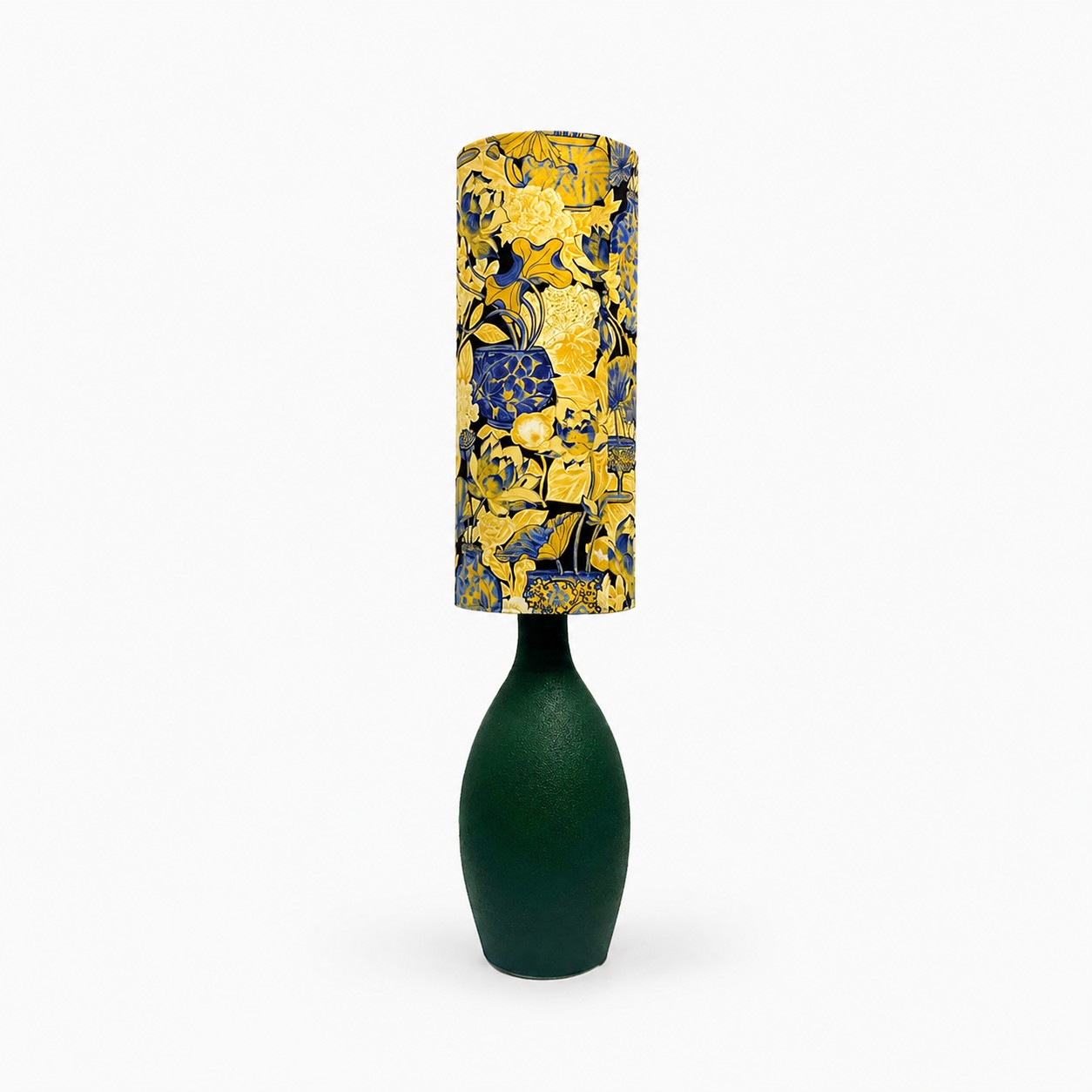 Gelb-blaue Tischlampe mit Blumenmuster