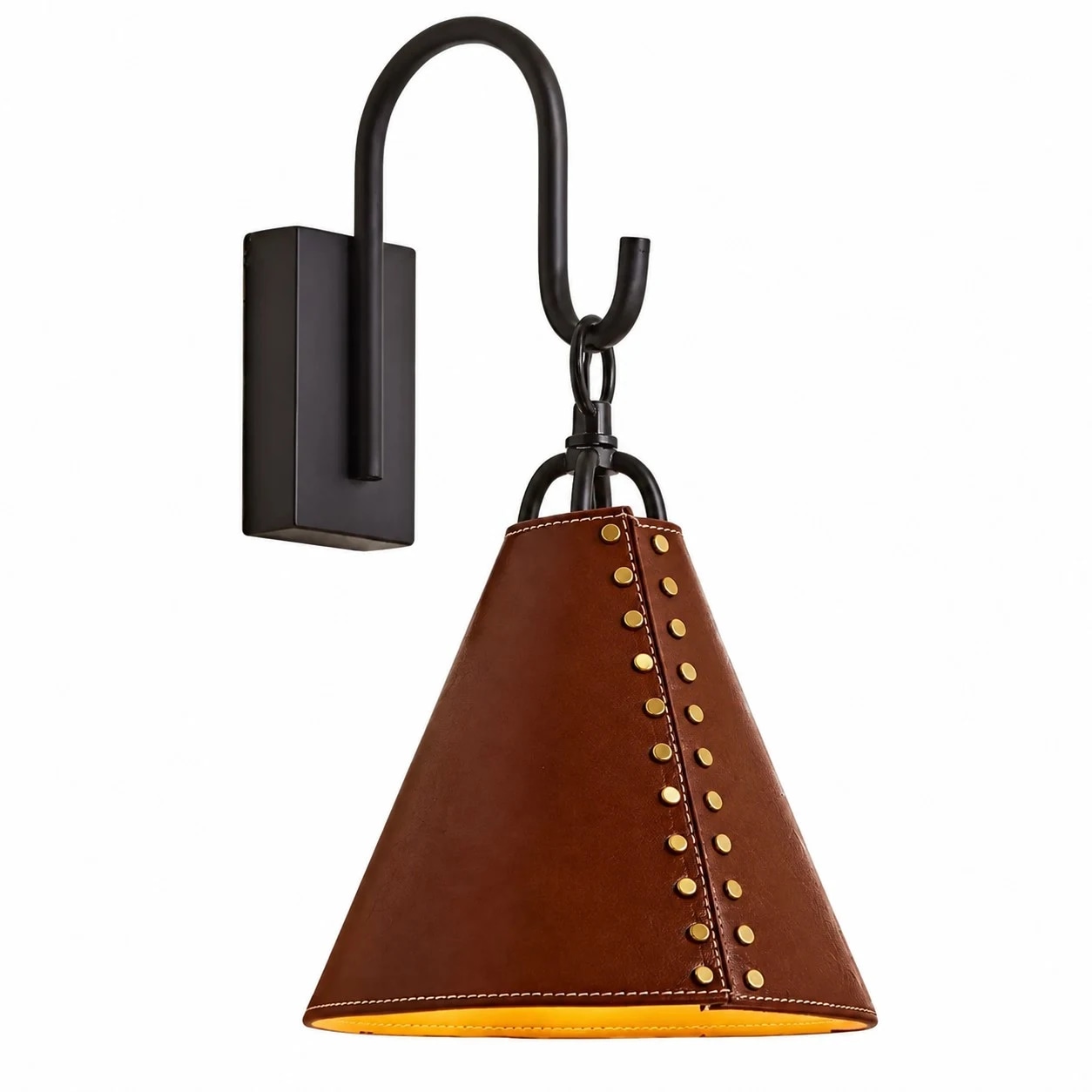 Front view of black and red leather cone wall sconce