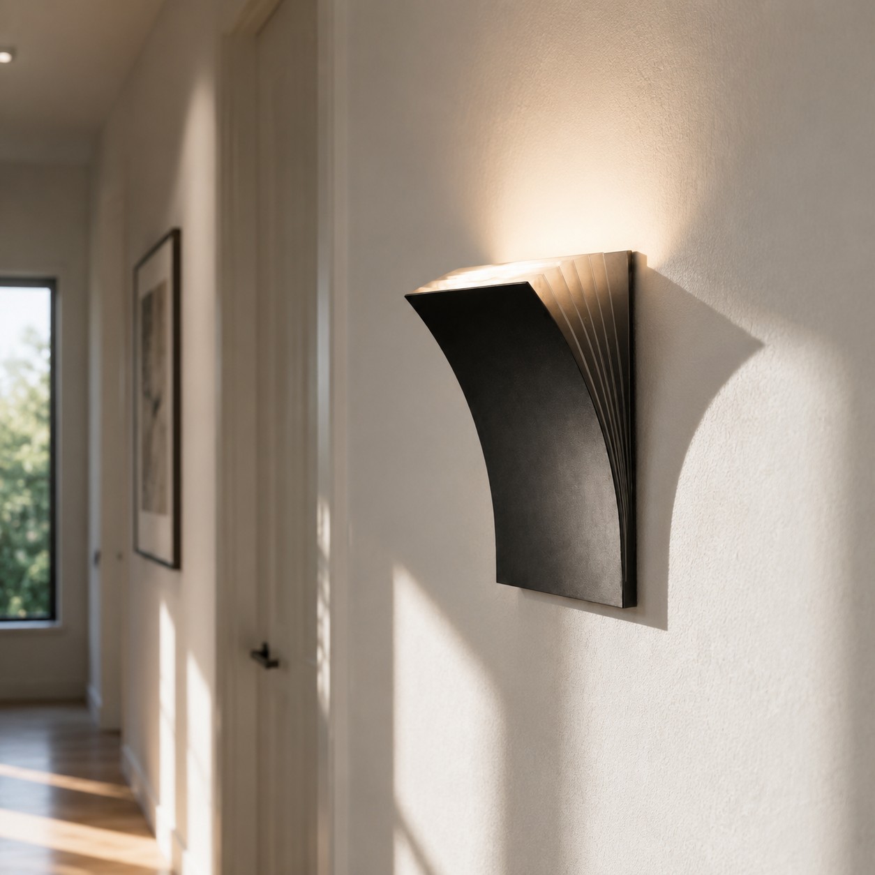 Black wall sconce in a hallway