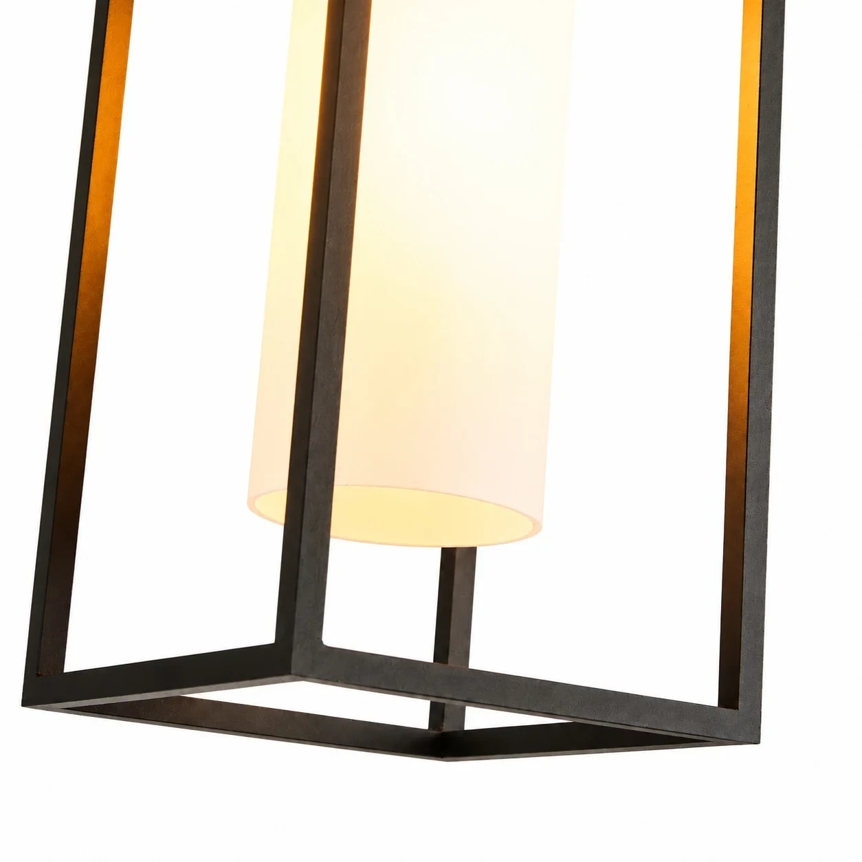 Lower black metal frame and cylindrical glass shade detail