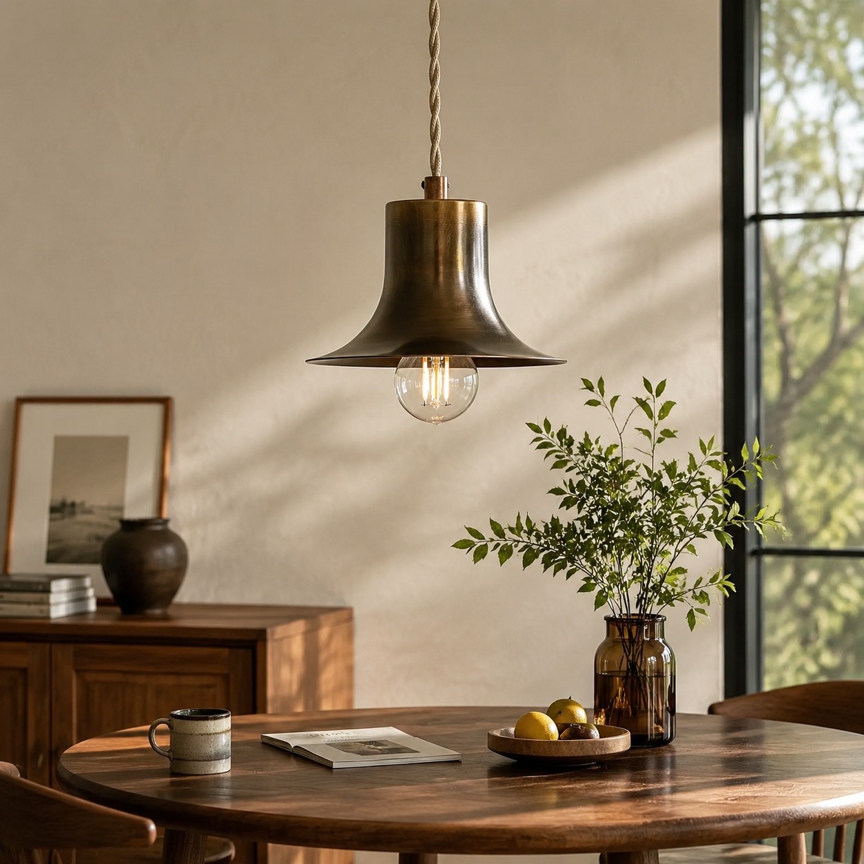 Textured mini pendant light above a warm dining table scene