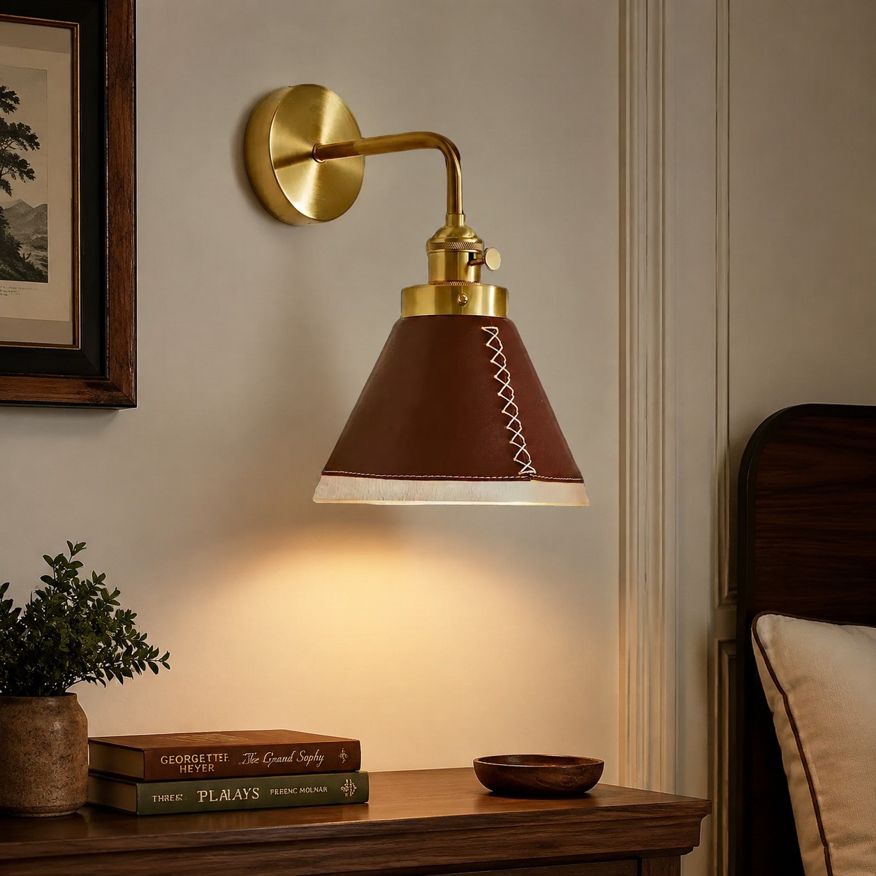 Brown leather wall sconce installed above a nightstand
