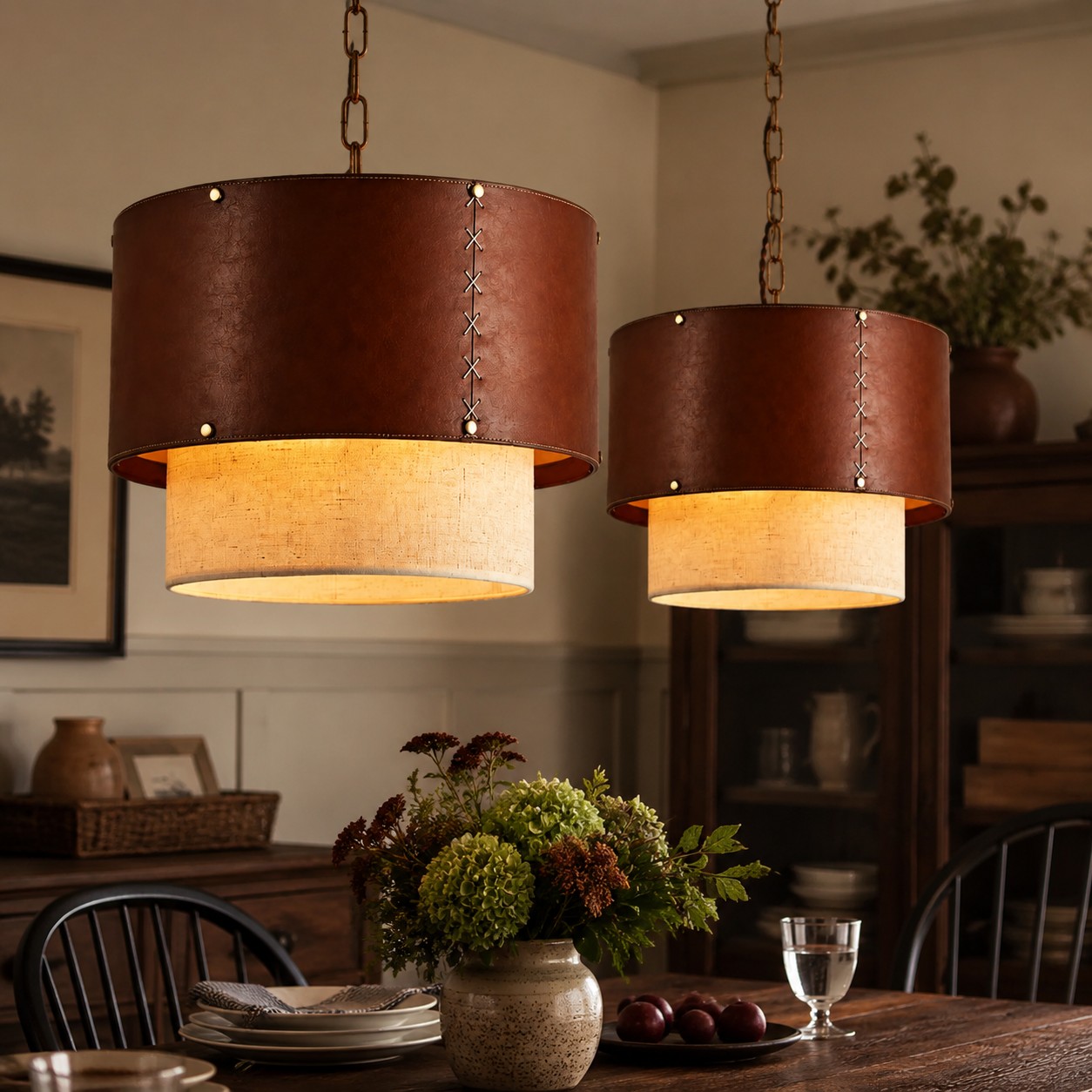 Brown leather drum shade pendant in a cozy interior