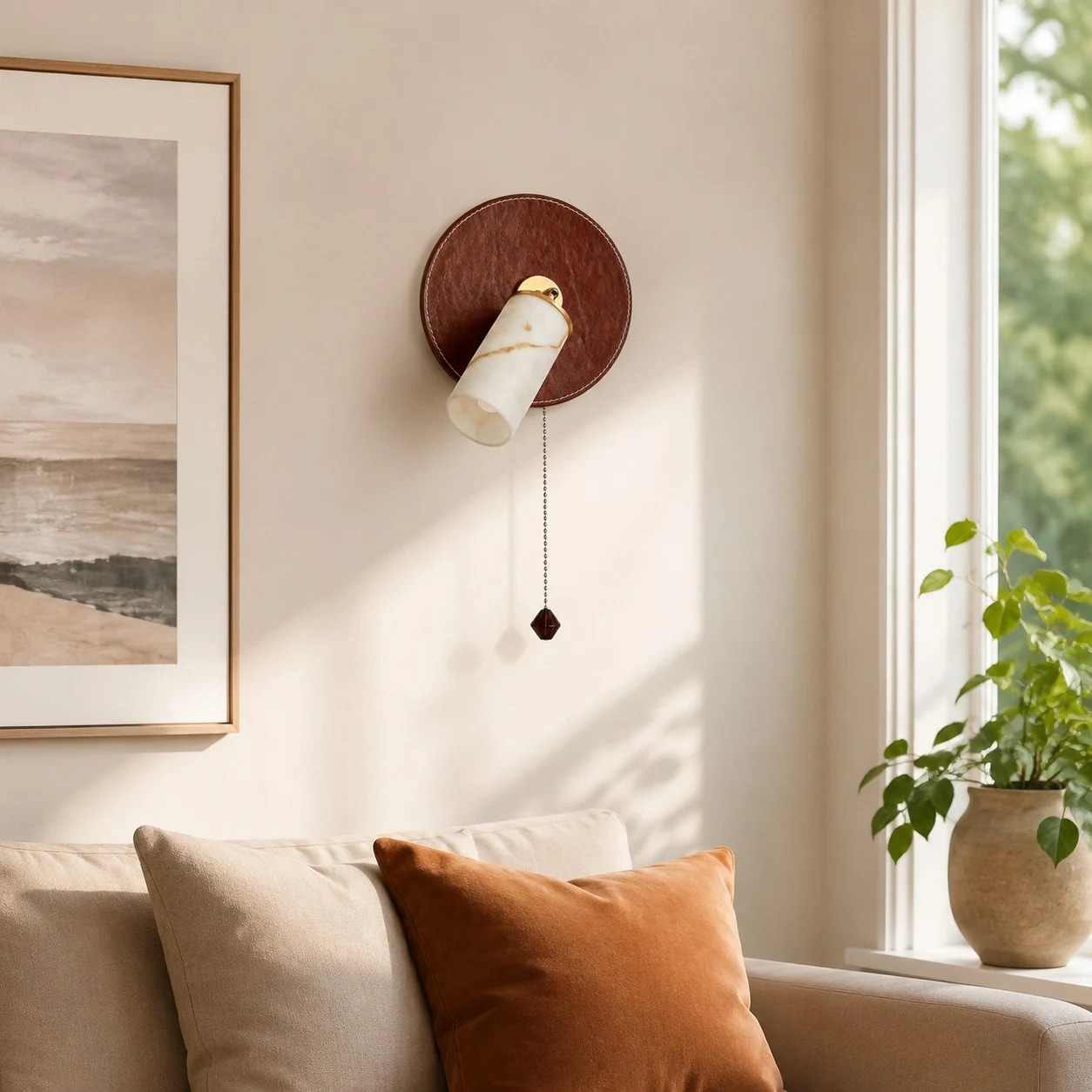 Brown and white wall sconce in a living room corner