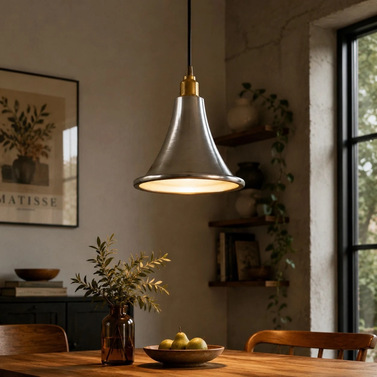 Iron pendant light installed above a dining table