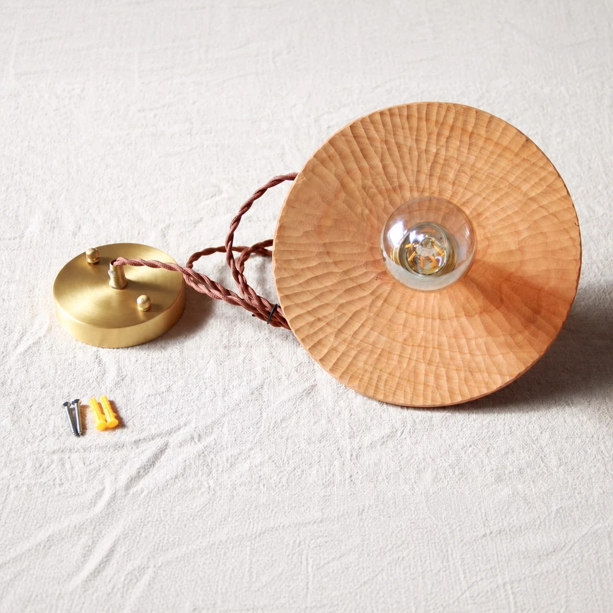 Pendant light kit with wood shade brass canopy cord and screws