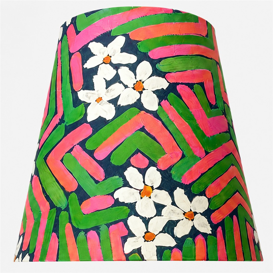Close-up of pink and green floral fabric shade print