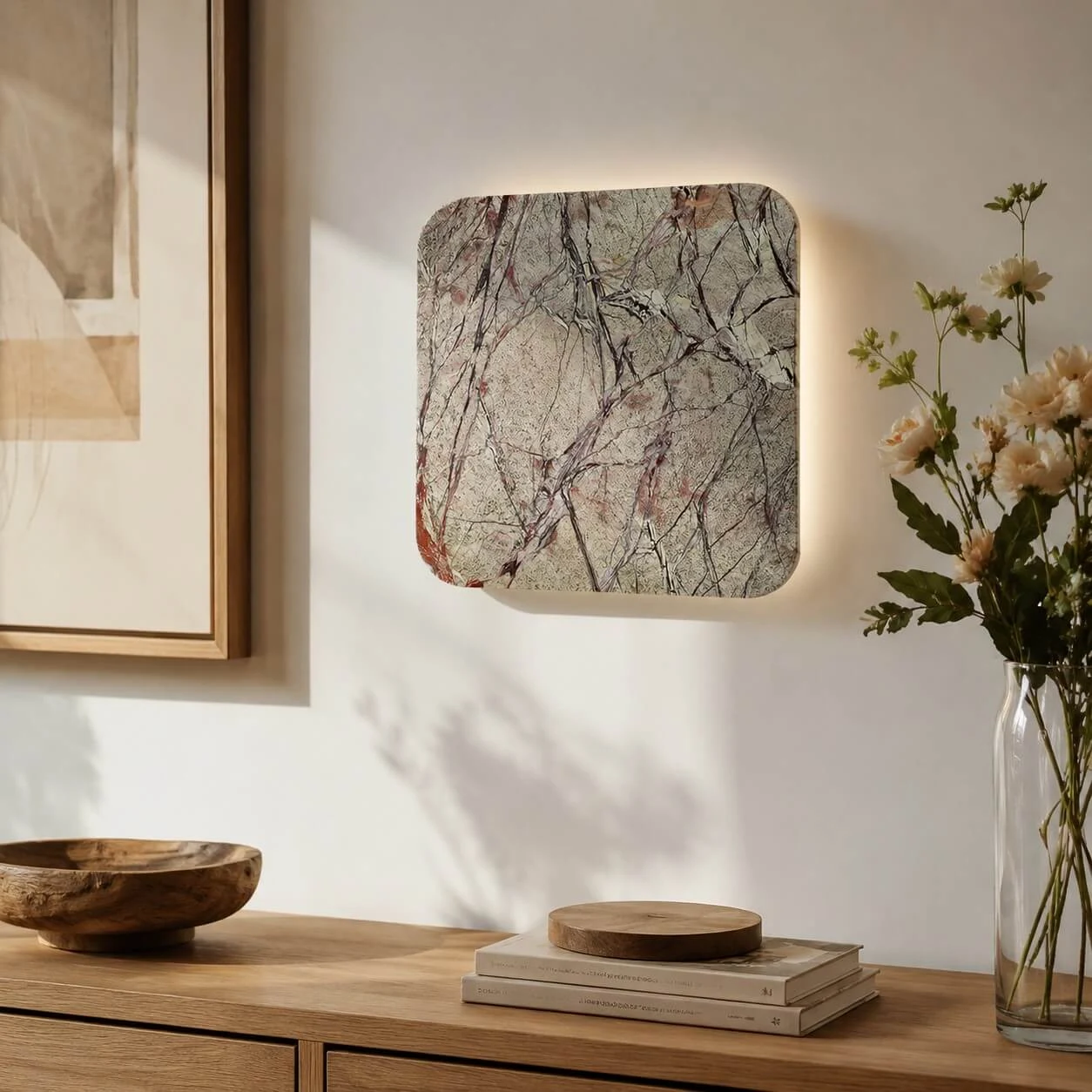 Lámpara de pared de piedra sobre mesa consola