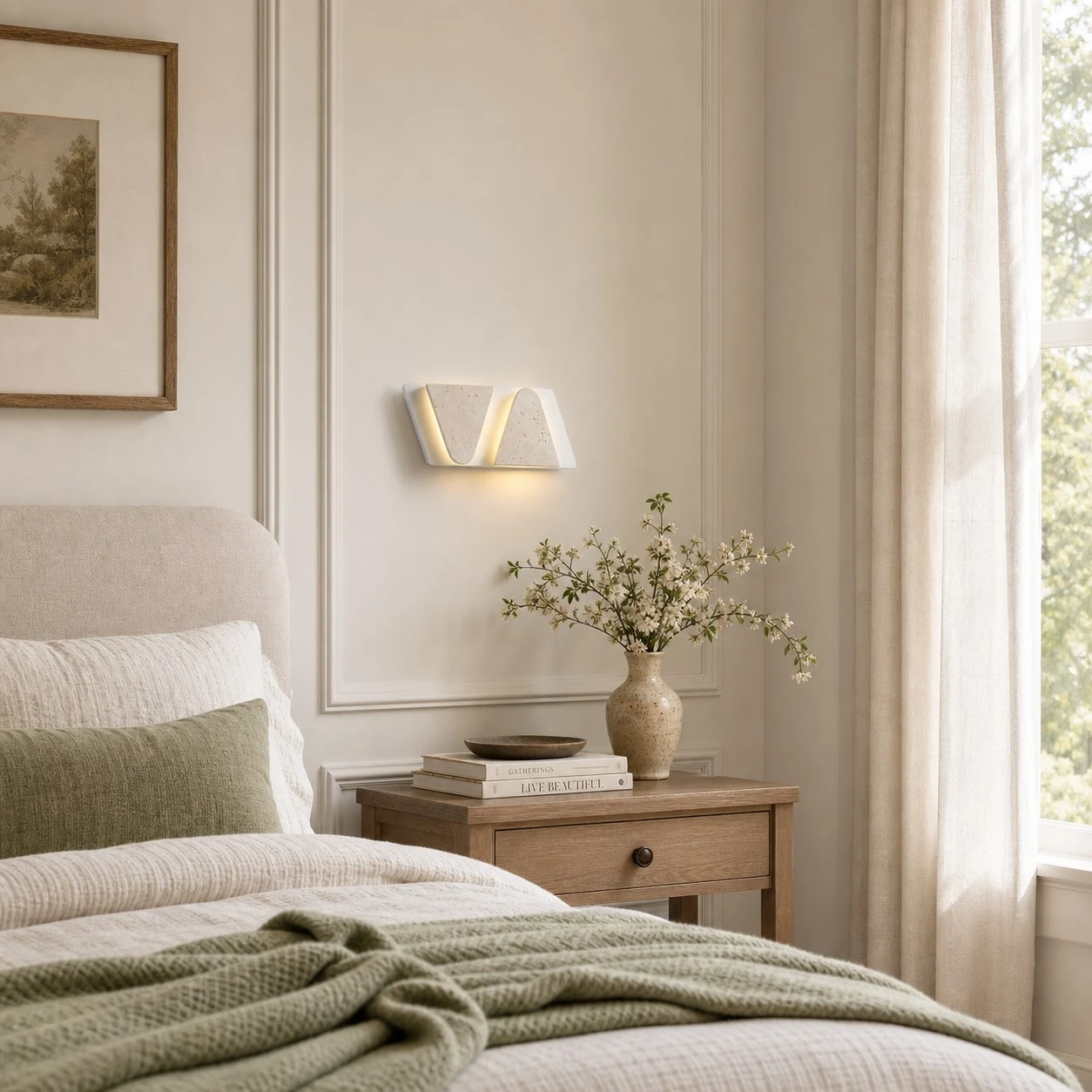 Aplique de pared multicabezal con textura de travertino instalado junto a una cama.