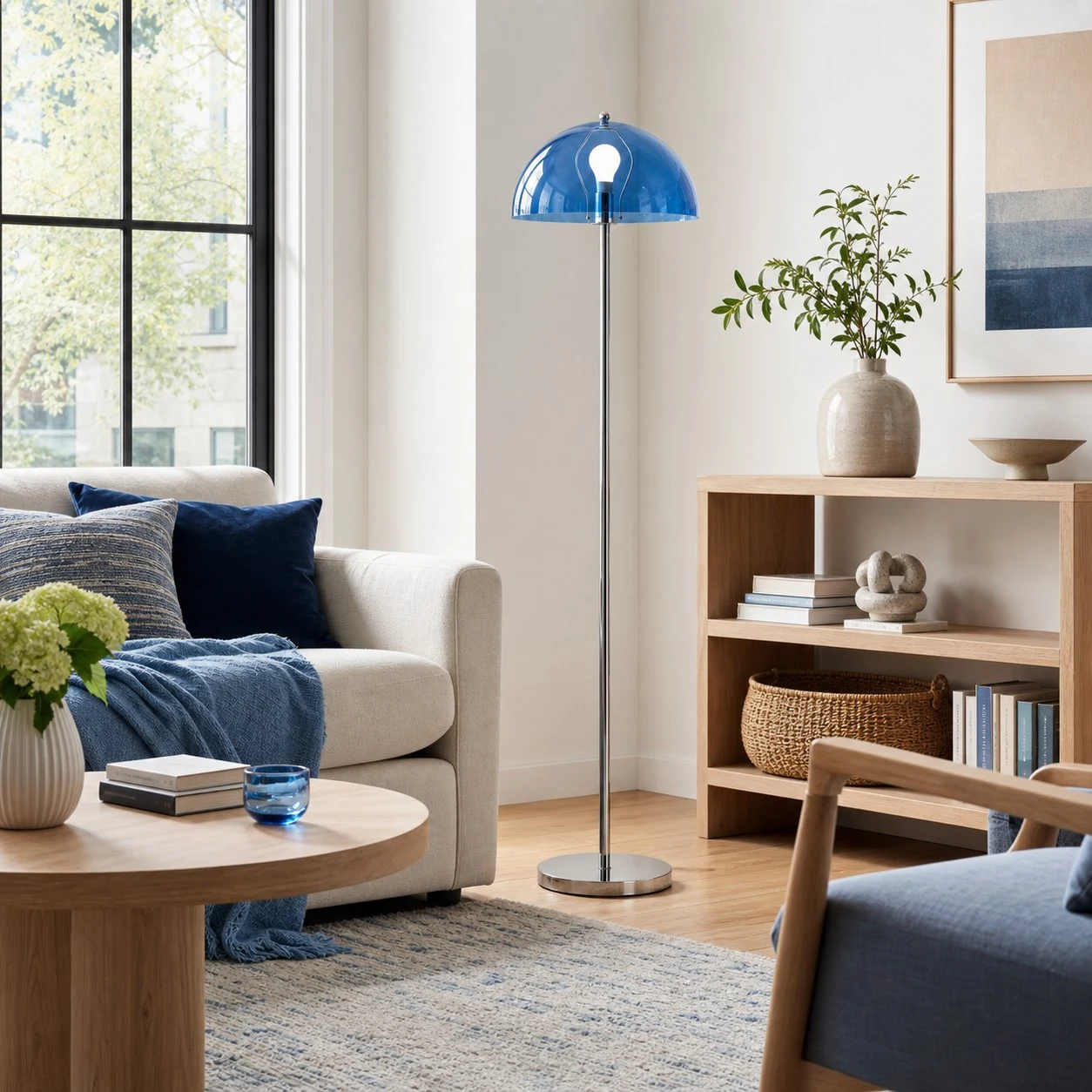 Blaue Kuppel-Stehlampe in einer modernen Wohnzimmerecke