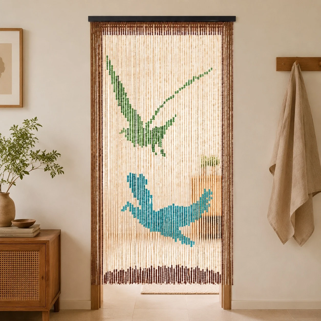 Rideau de perles en bois à motif d'oiseaux dans une porte
