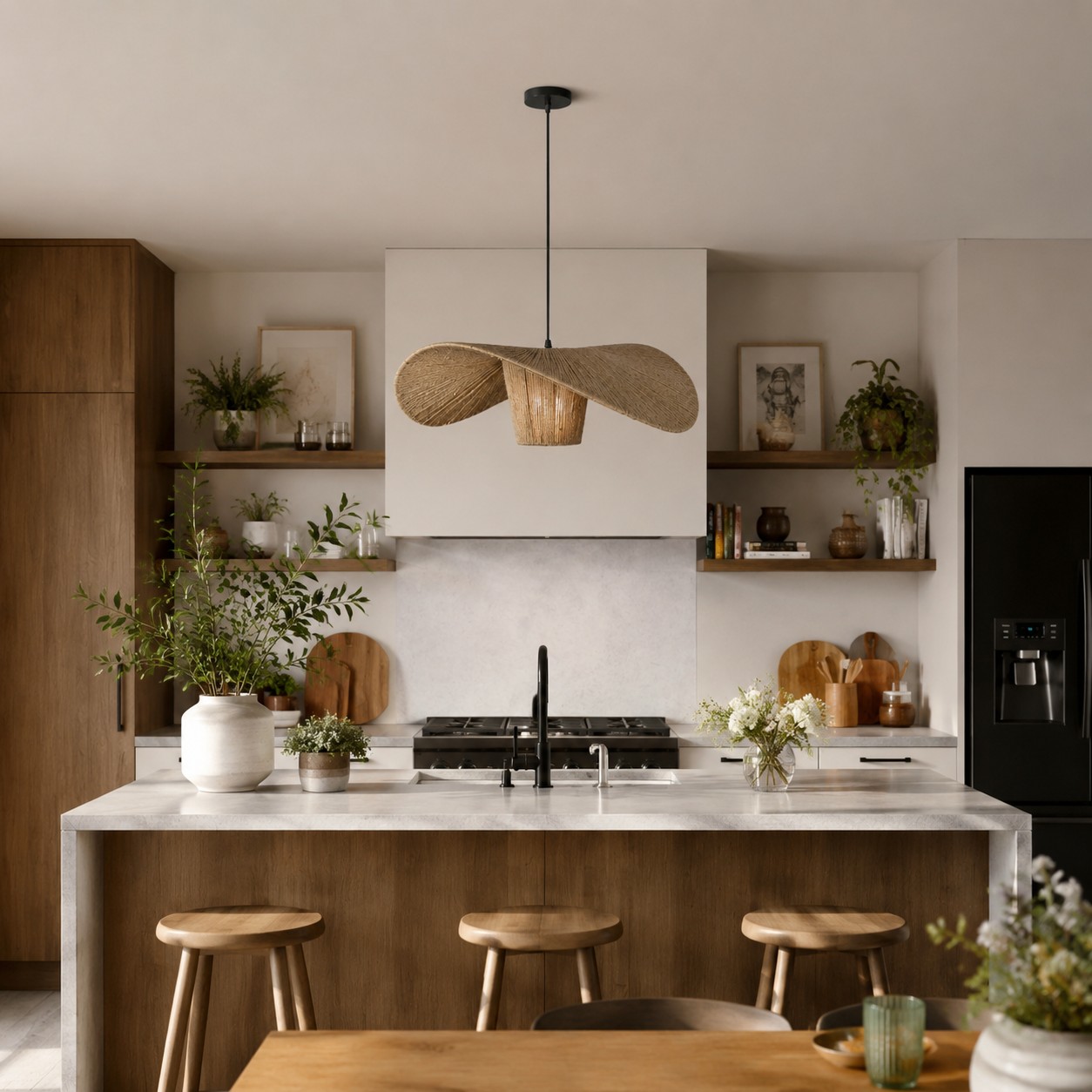 Rope pendant light as an organic room focal point