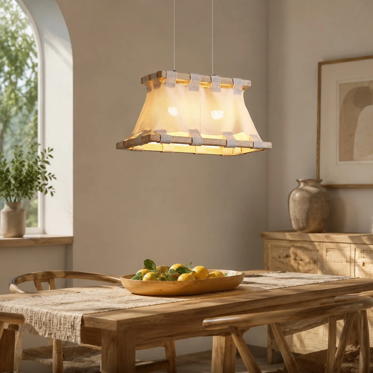 Weitere Raumansichten zur Veranschaulichung von Größe und Atmosphäre. 4 Wabi-Sabi-Hängeleuchten aus Holz und Stoff.