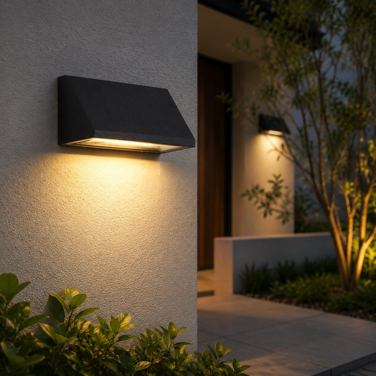 Lampada da parete a LED nera per esterni installata su una parete esterna del cortile, visibile di notte.