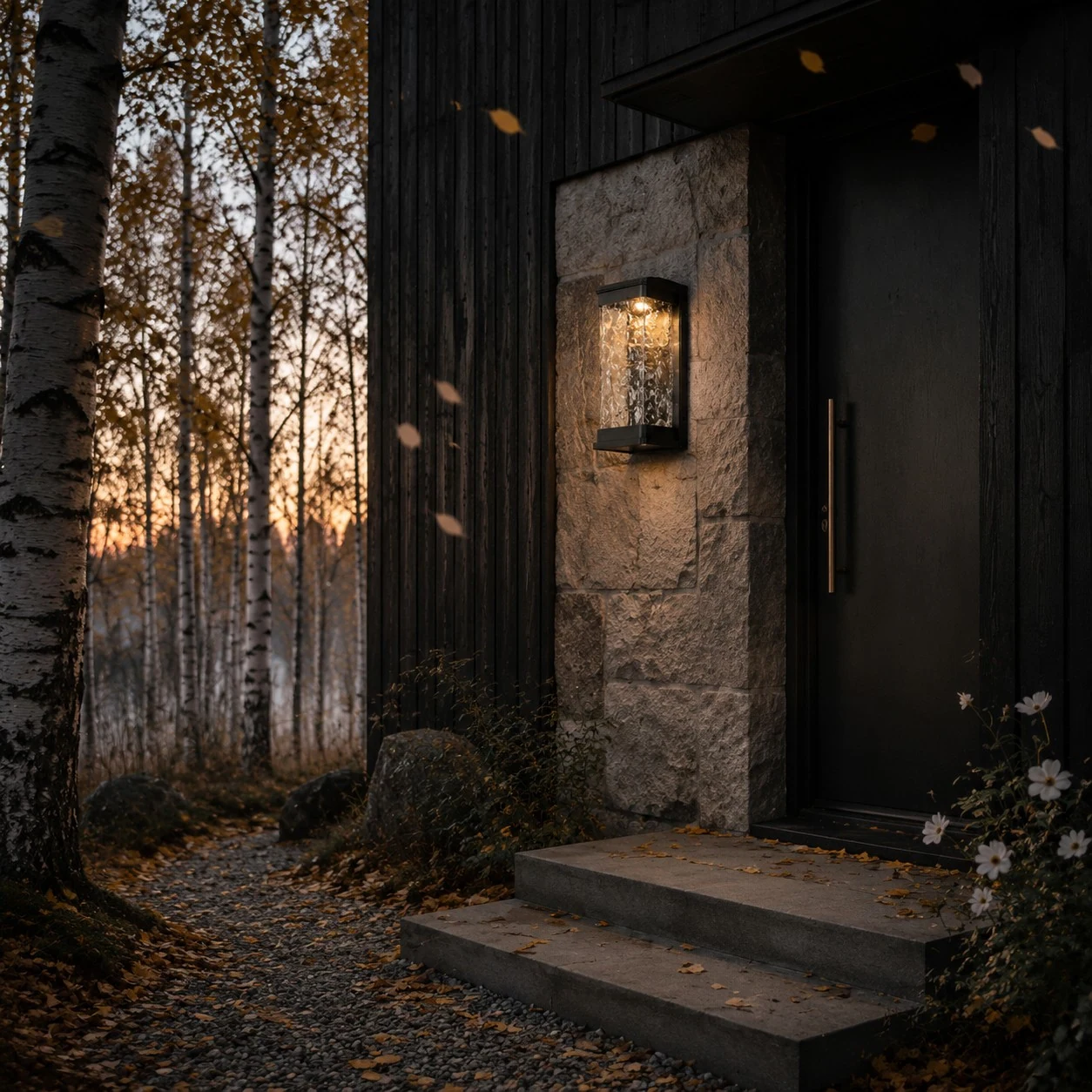 Aplique LED de exterior junto a una puerta de entrada moderna.