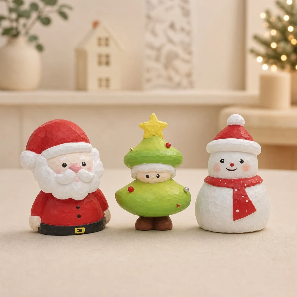 Père Noël, bonhomme de neige et décorations en bois pour sapin de Noël exposés ensemble