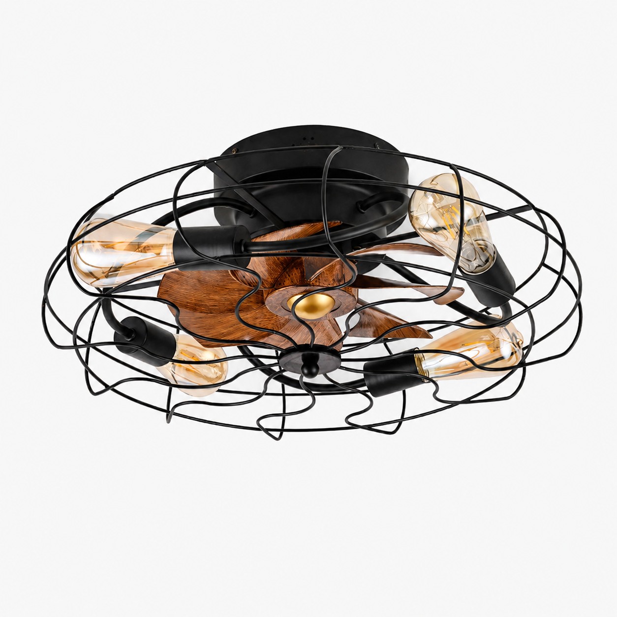 Vista del prodotto: ventilatore a soffitto con gabbia nera e effetto legno.