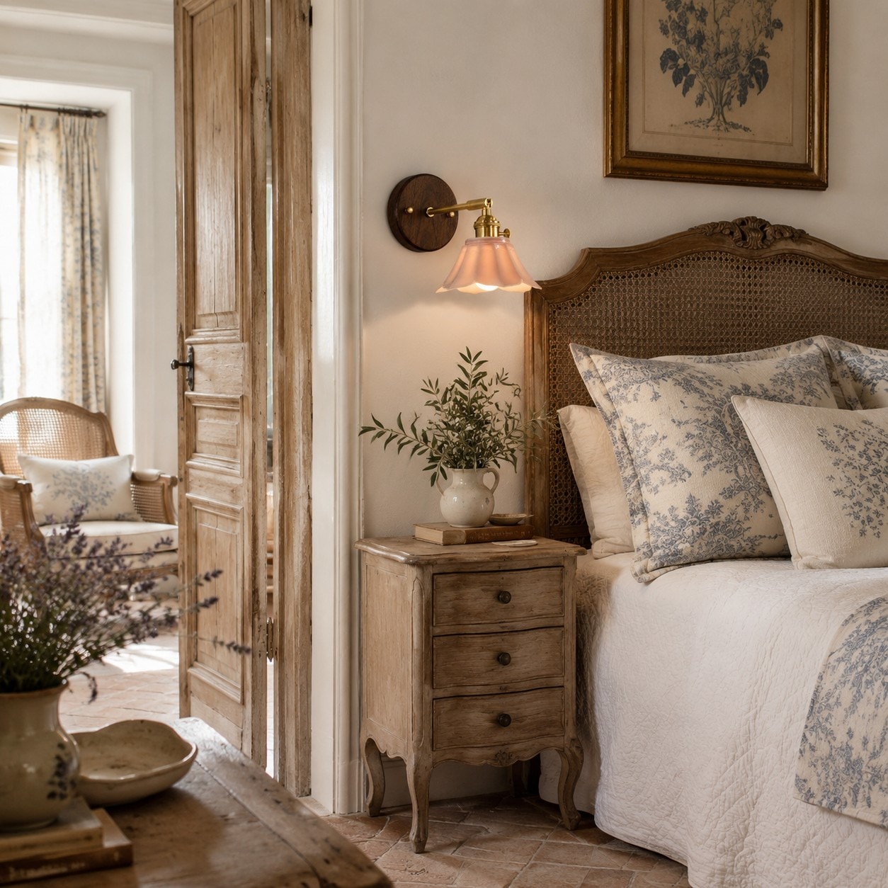 Ceramic wall lamp styled beside a warm bedroom