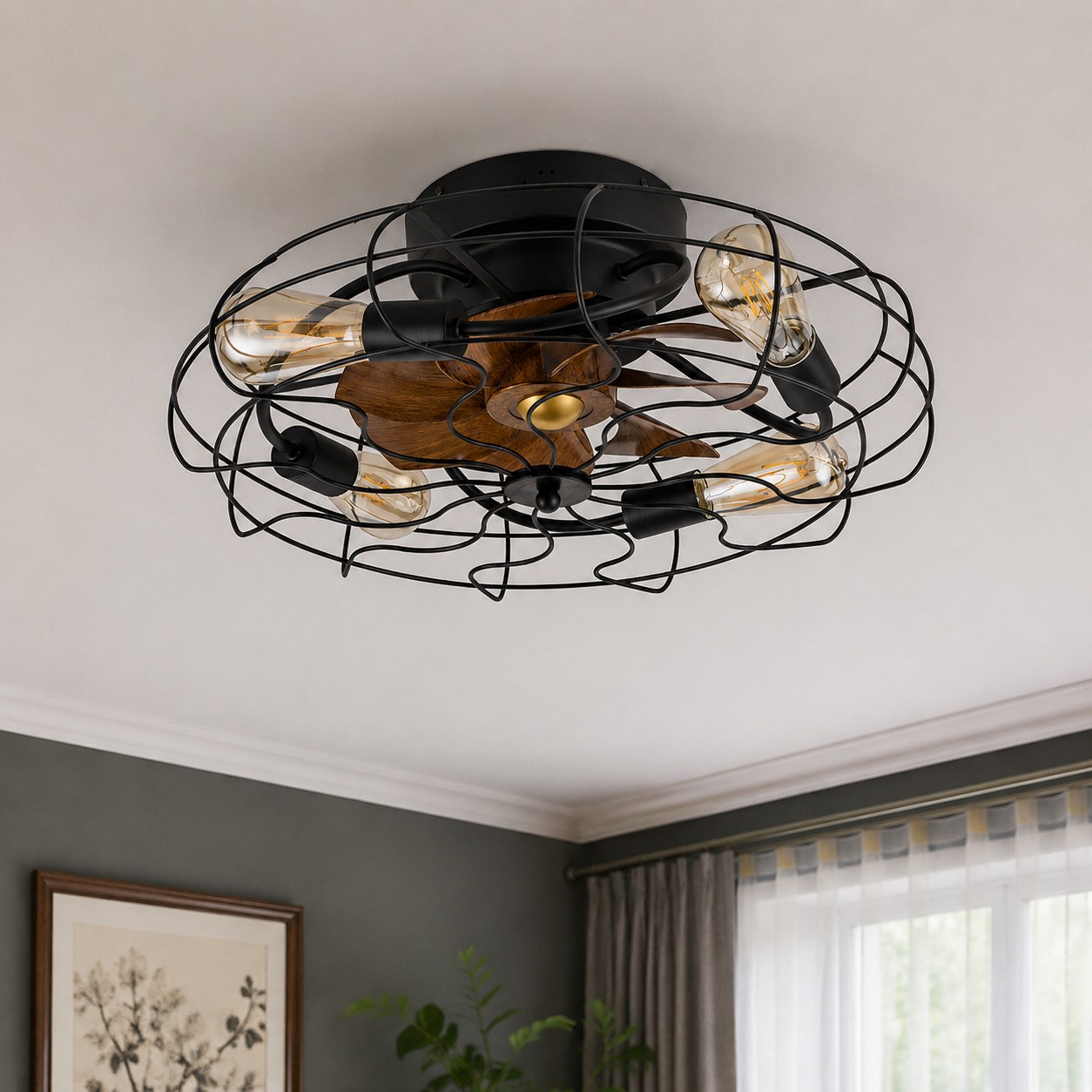 Ventilatore a soffitto vintage con gabbia e luce integrata, installato in una stanza.