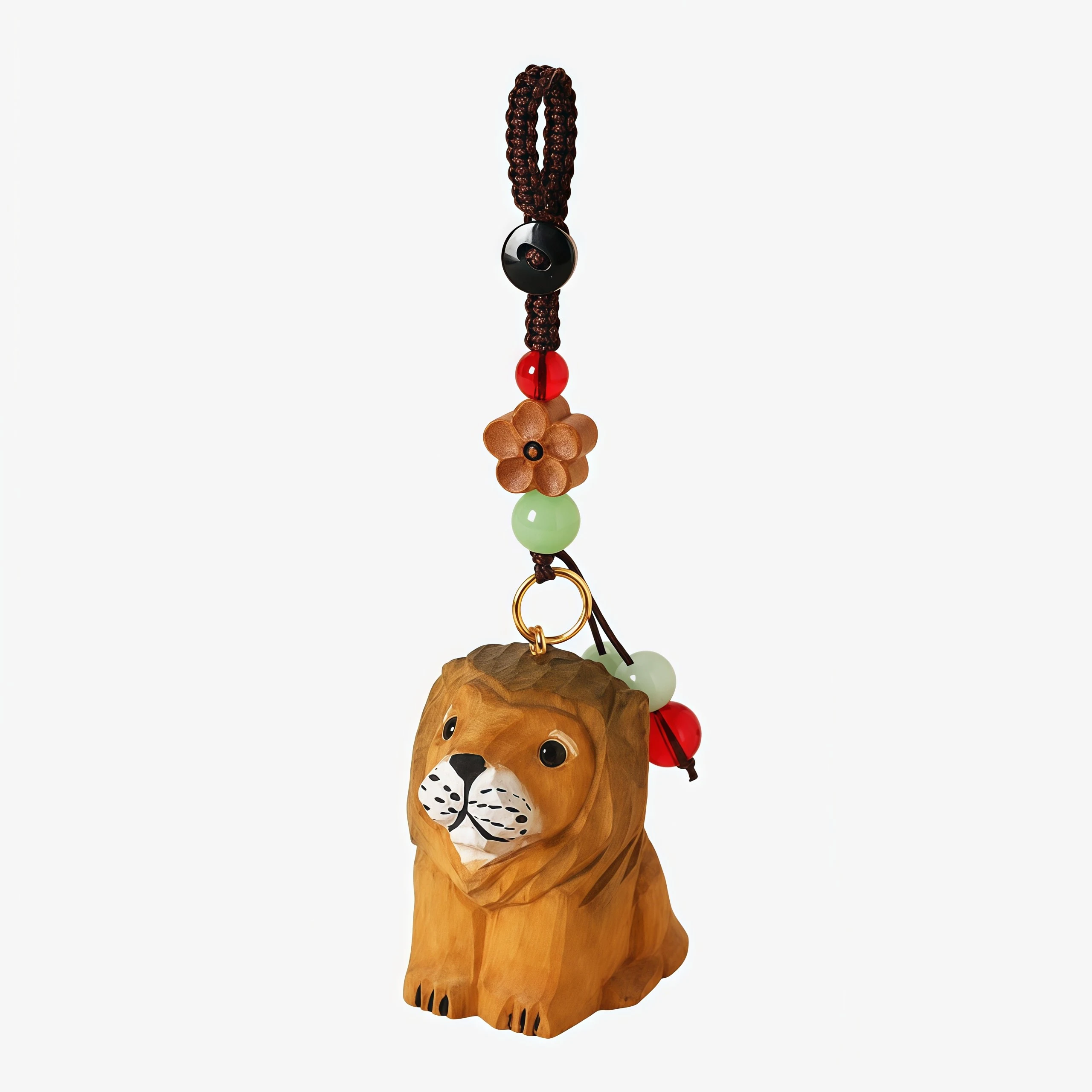 Lion ornement suspendu en bois sculpté à la main, bois naturel