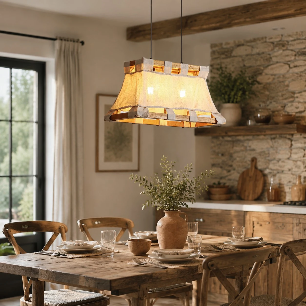 Weitere Raumansichten zur Veranschaulichung von Größe und Atmosphäre. 3 Wabi-Sabi Pendelleuchten aus Holz und Stoff.
