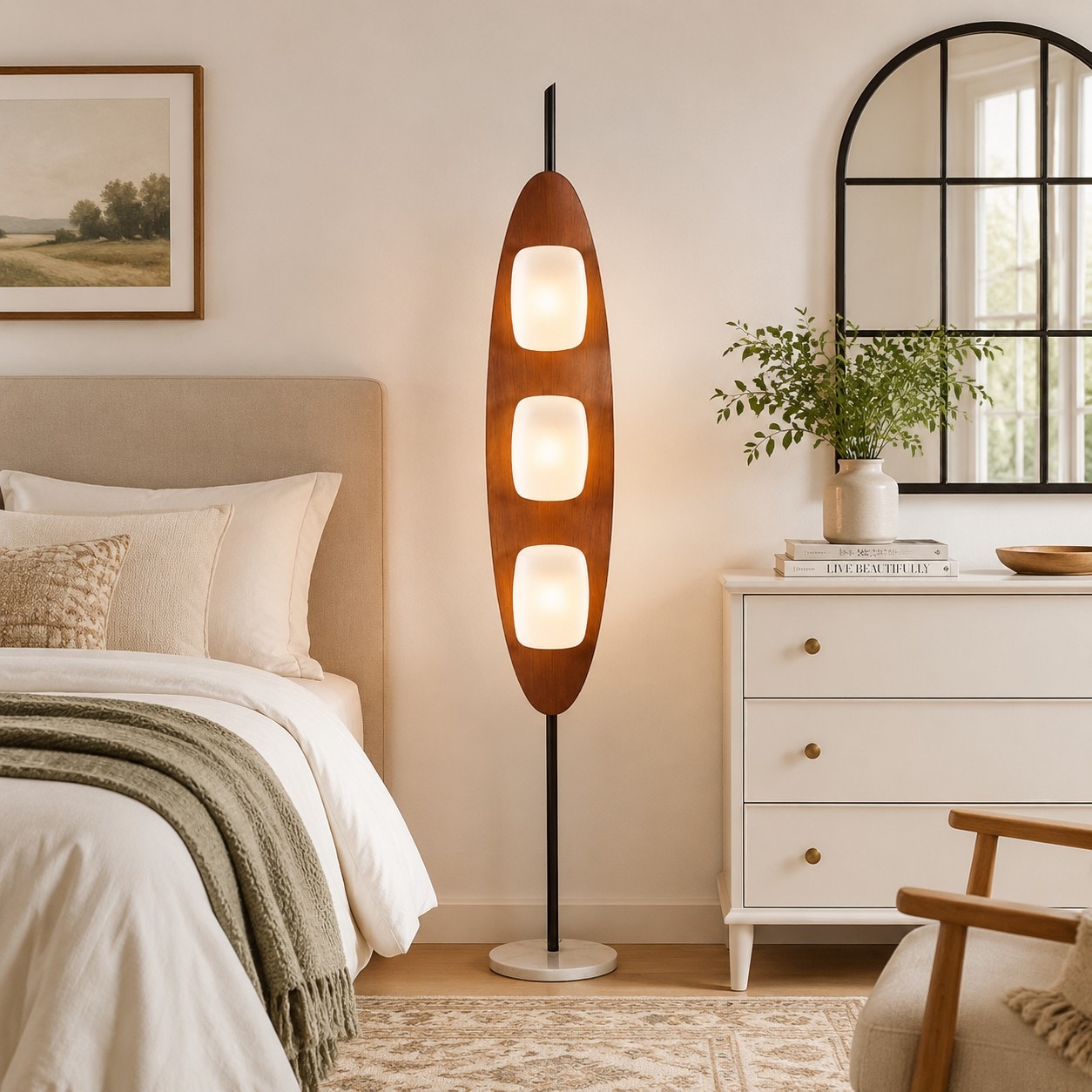 Eine Stehlampe im Bauhaus-Stil mit Walnussholz-Optik steht neben einem Bett und einer Kommode in einem warmen Schlafzimmer.