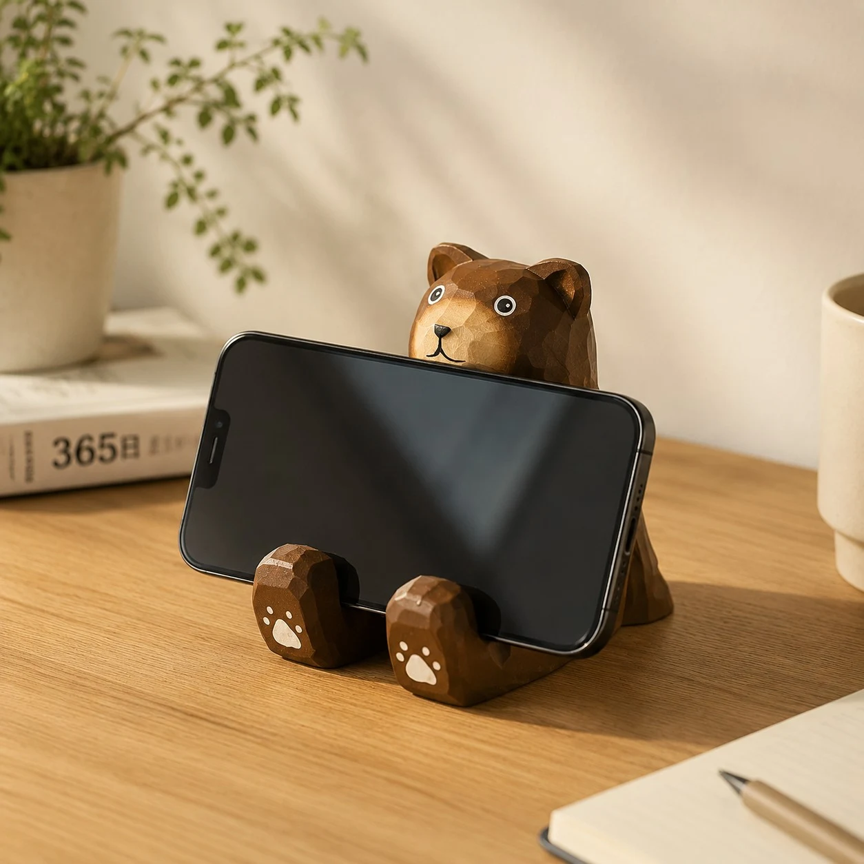 Support de téléphone en bois en forme d'ours dans une scène de bureau