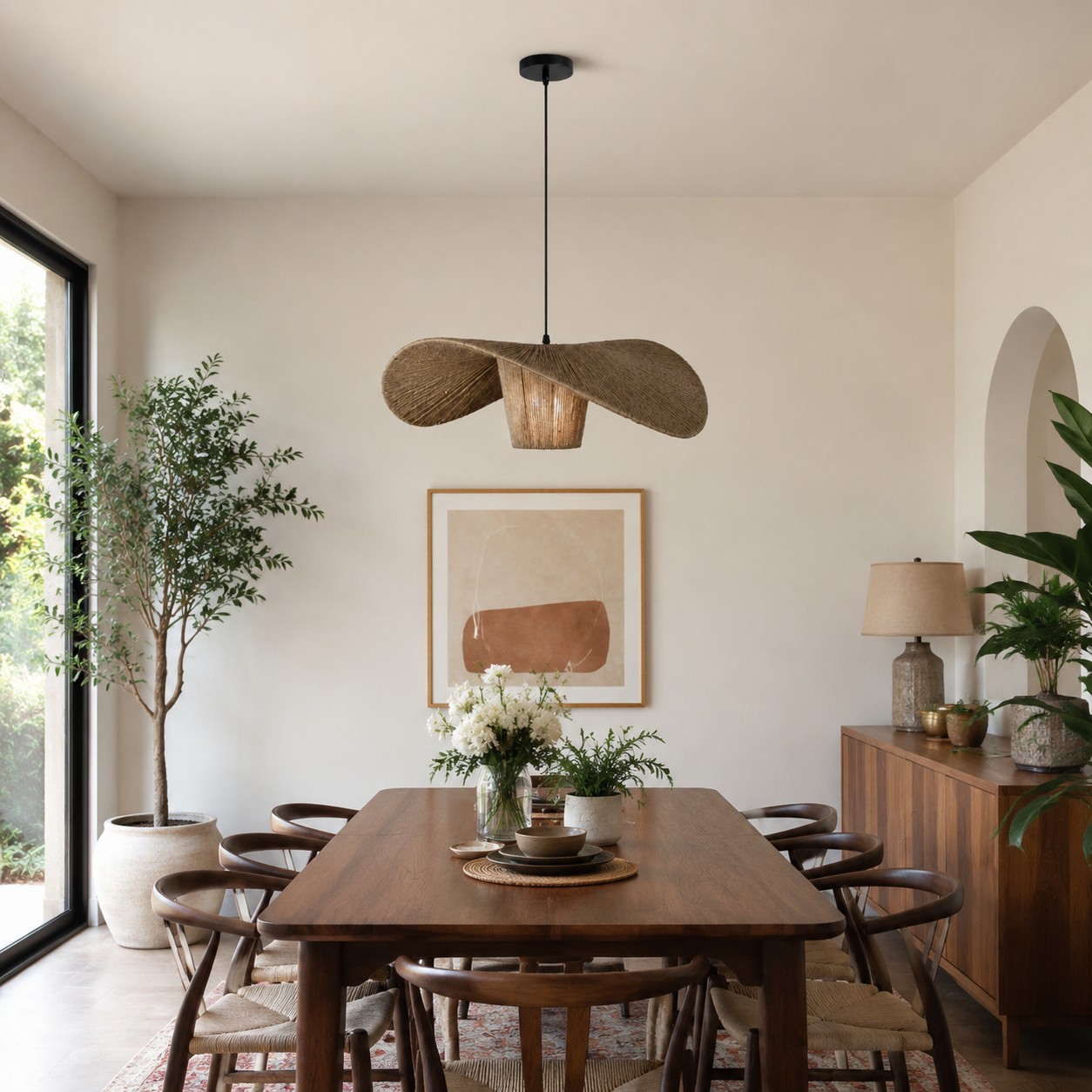 Hemp rope pendant light in a natural living space