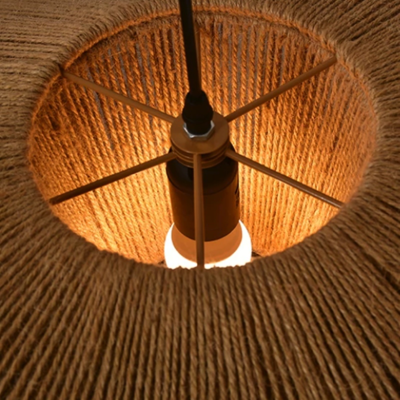 Close view of the hemp rope texture and iron pendant frame