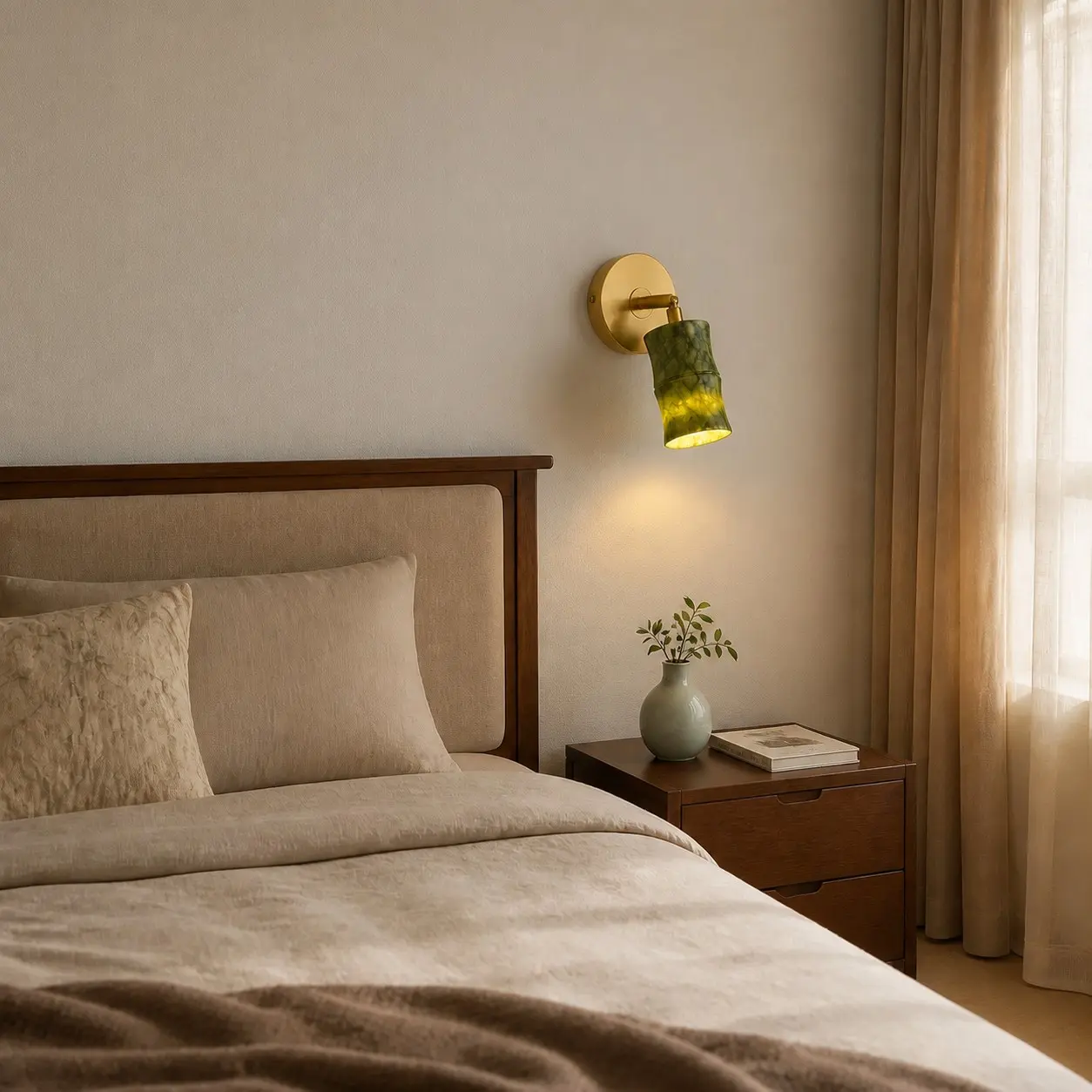 Groene jade wandlamp geïnstalleerd naast het hoofdeinde van een slaapkamer.