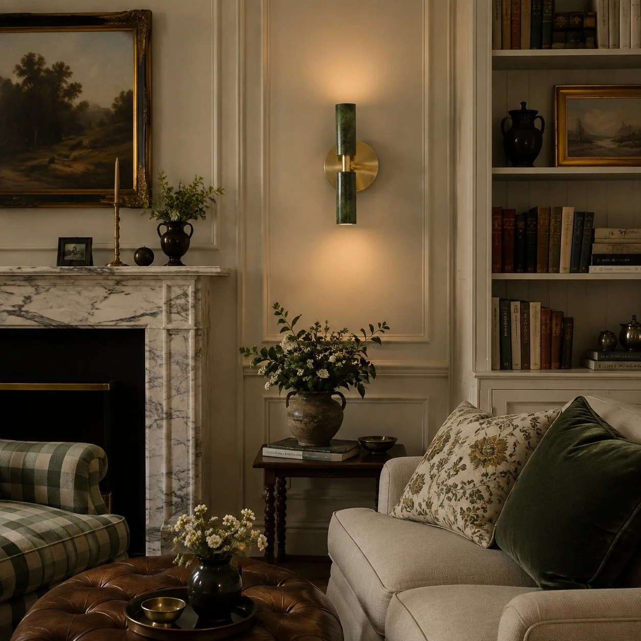 Een wandlamp van natuurlijk groen jadehout, verlicht in een traditionele woonkamer.