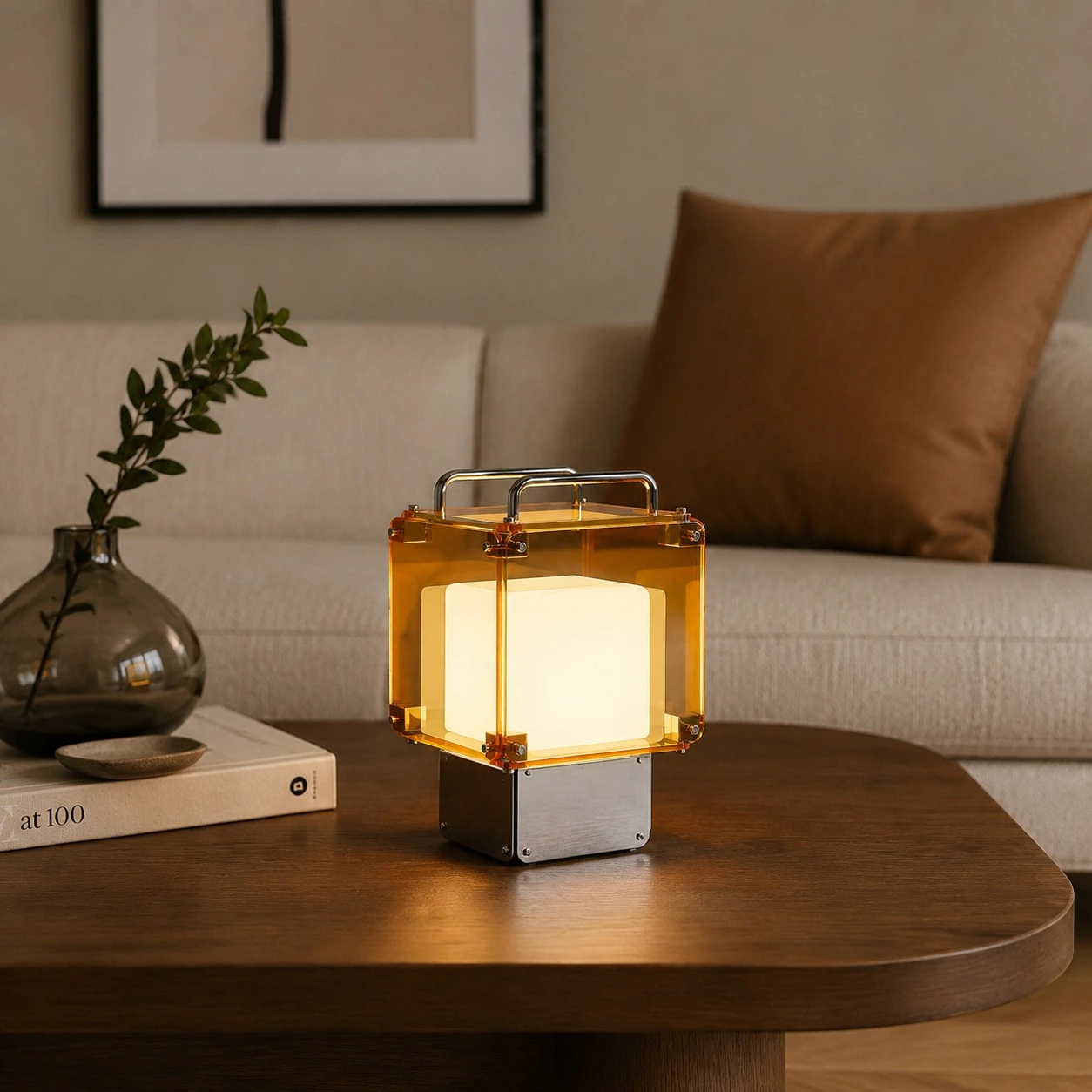 Wiederaufladbare Tischlampe in einem warmen Wohnzimmer