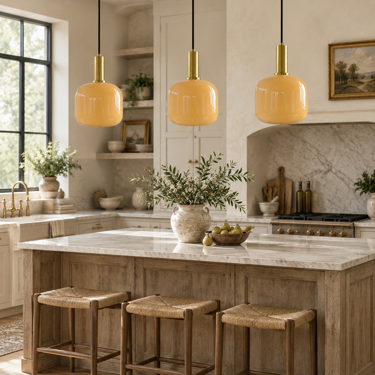 Luminárias pendentes de vidro amarelo sobre uma ilha de cozinha com detalhes em latão.