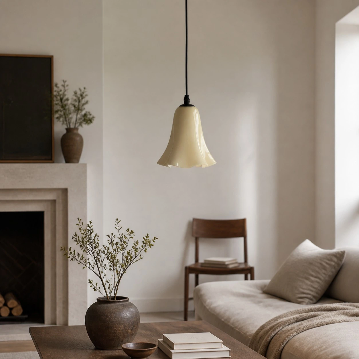 Luminária pendente de vidro amarelo creme em uma sala de estar tranquila.