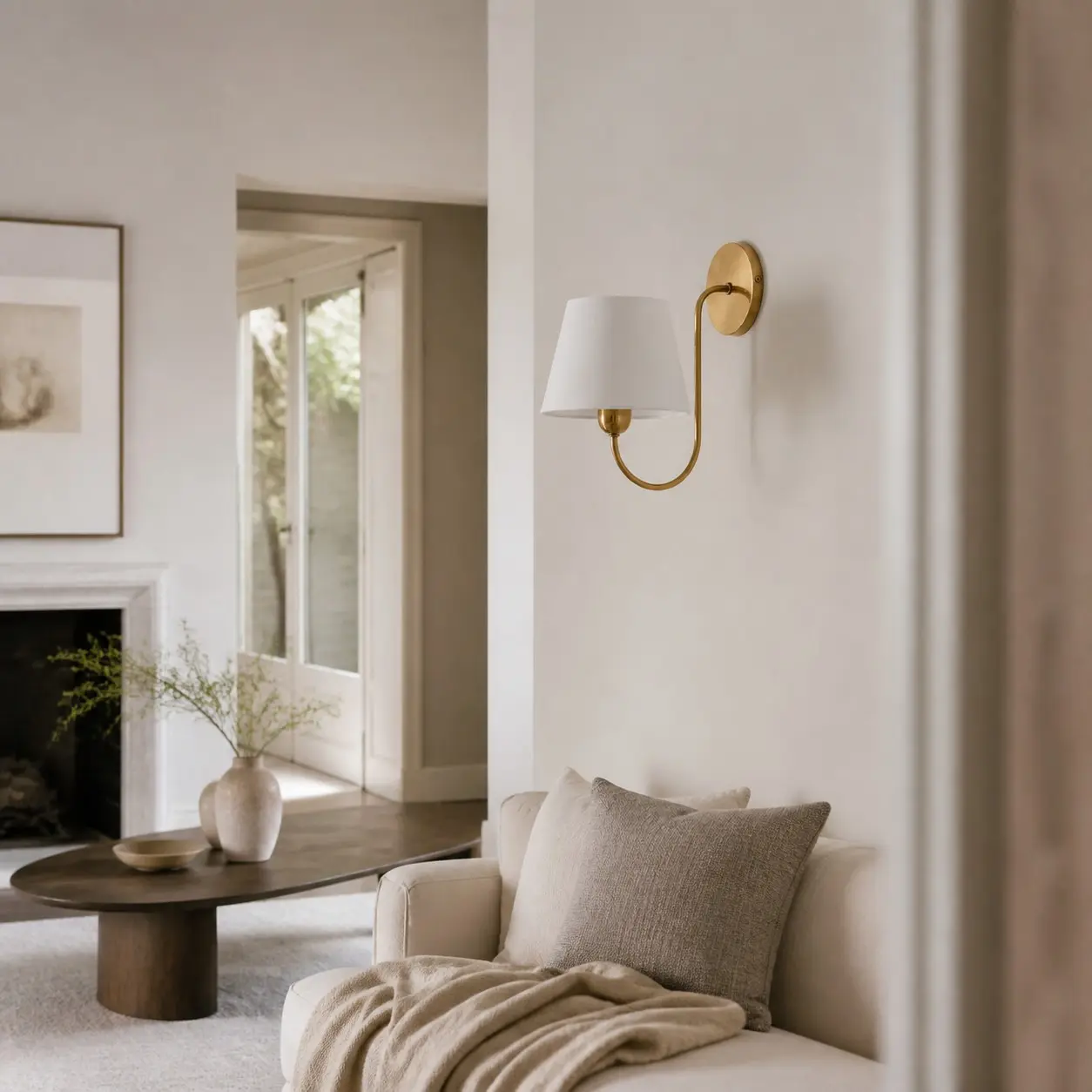 Natuurlijke koperen wandlamp in een stijlvolle woonkamer.