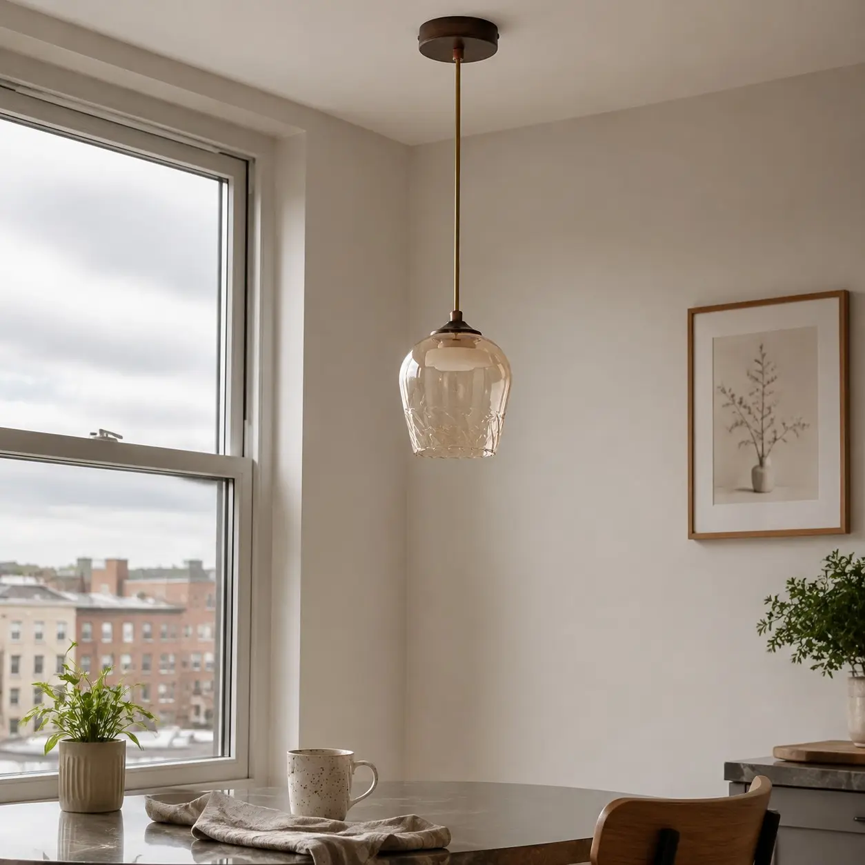 Luminária pendente de vidro âmbar em um interior aconchegante junto à janela.