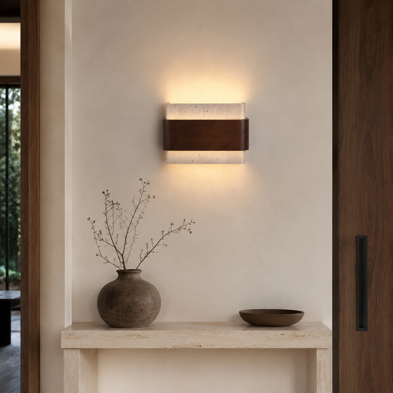 Wandlamp van travertijnhout boven een stenen console.